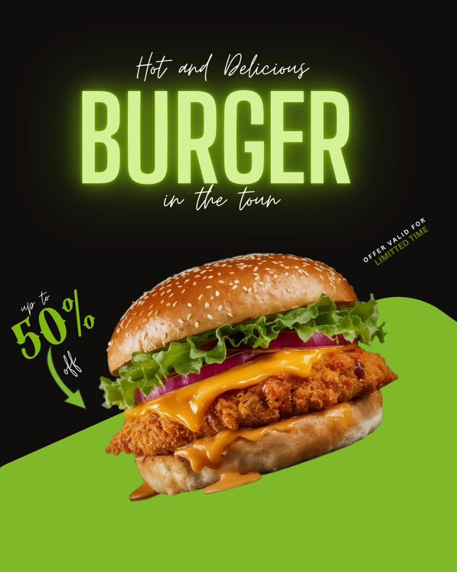 Burger advertisement poster. Canva Designer in Kerala
